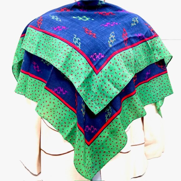 VGT GIVENCHY Paris scarf cotton/silk 34" Satin blue green red dot , (44) - Picture 3 of 10